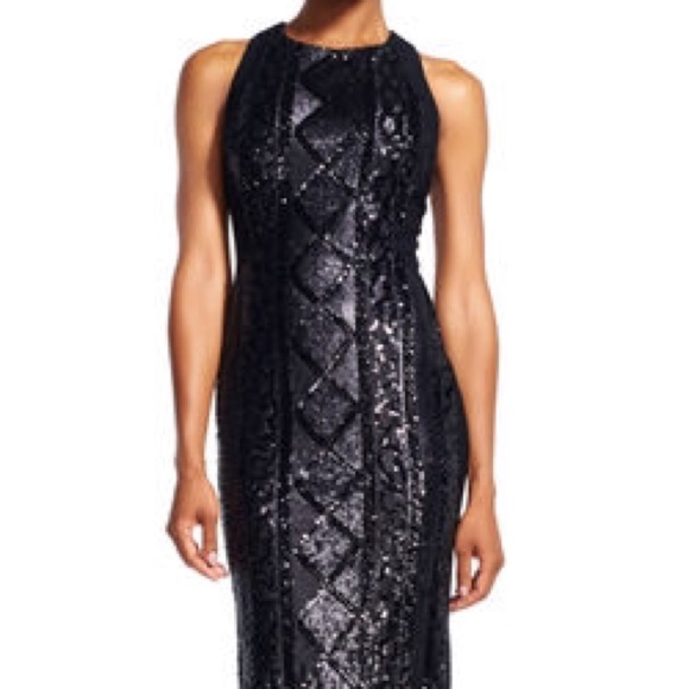 Adrianna Papell black geometric sequined dress.